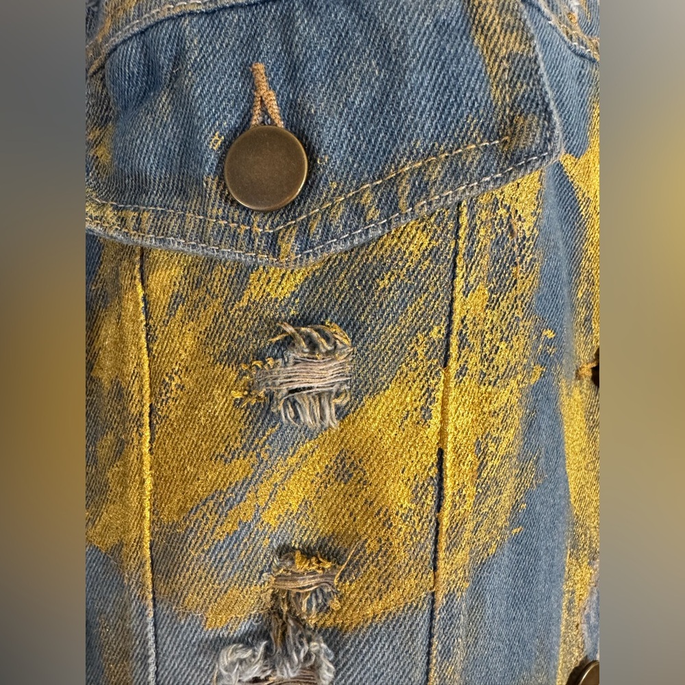 Distressed Hand-Painted Denim Maxi Duster Jacket w. Gold Finish - Picture 8 of 16